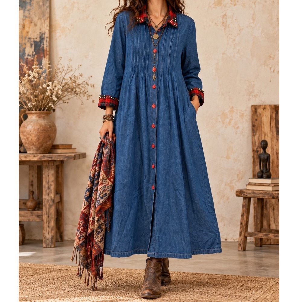 Vintage Green Field USA Denim Maxi Dress Plaid Rhinestone Western Boho Teacher